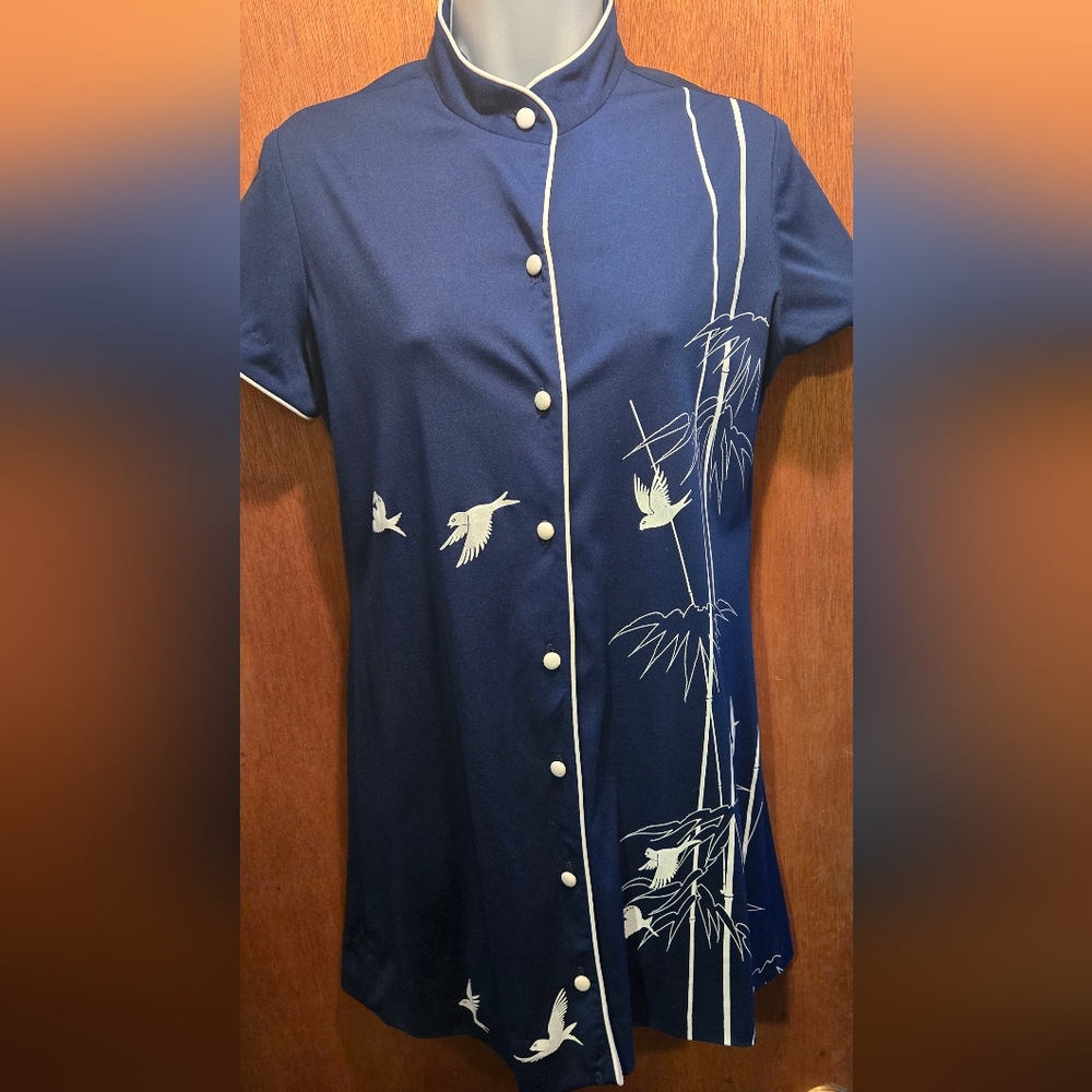 Shaheen Vintage mandarin Blue Dress w/ Bird &Bamboo szS - Picture 3 of 9